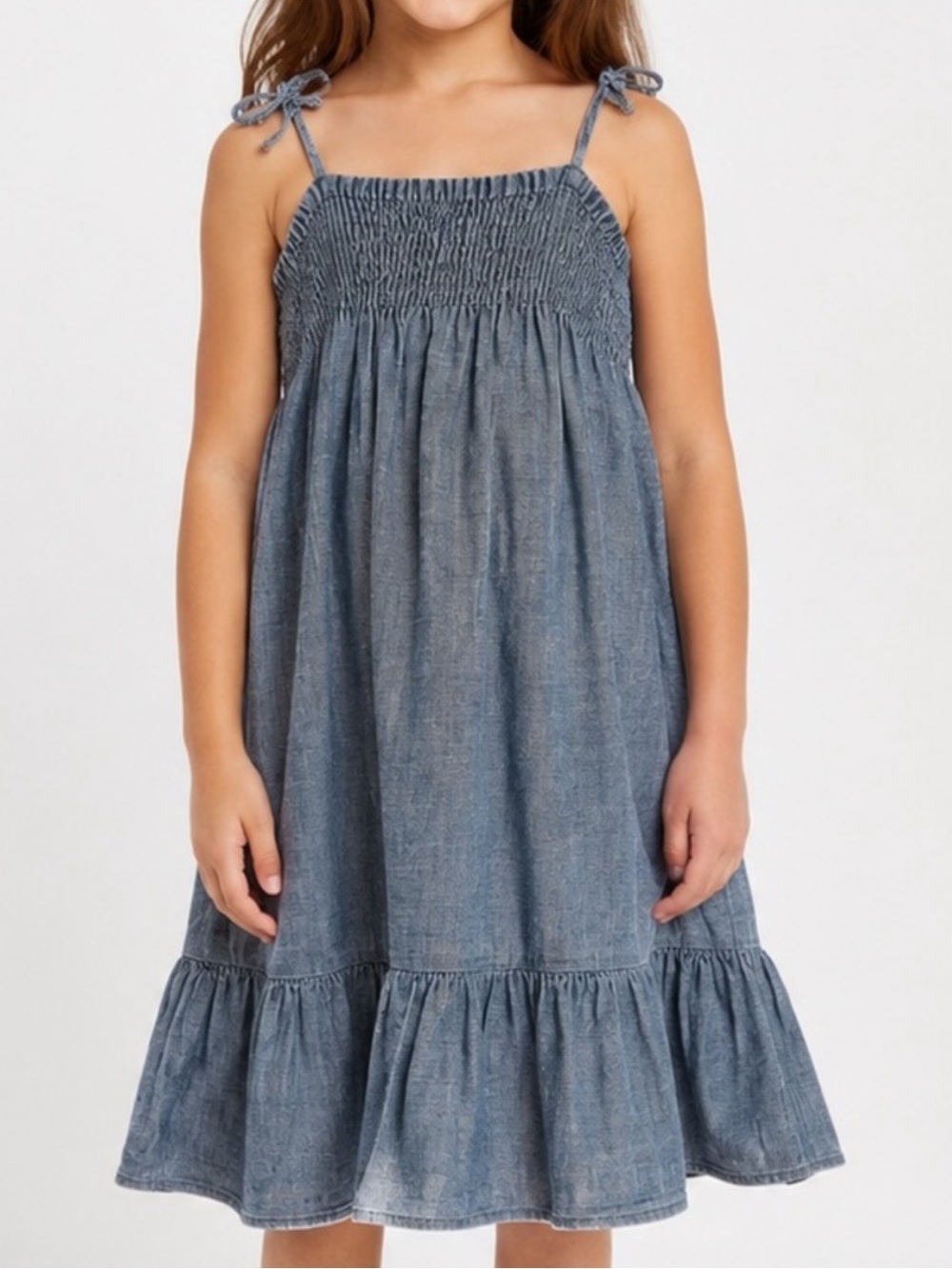 Polo Ralph Lauren Girls 6X Blue Chambray Smocked Sundress Ruffle Hem